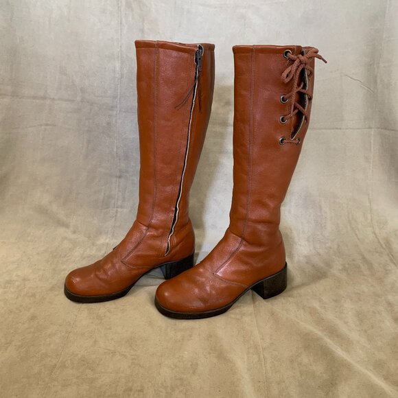 VINTAGE 1970s Brown Heeled Knee High Boots Women's Size 8 Fur Lined - Picture 1 of 9